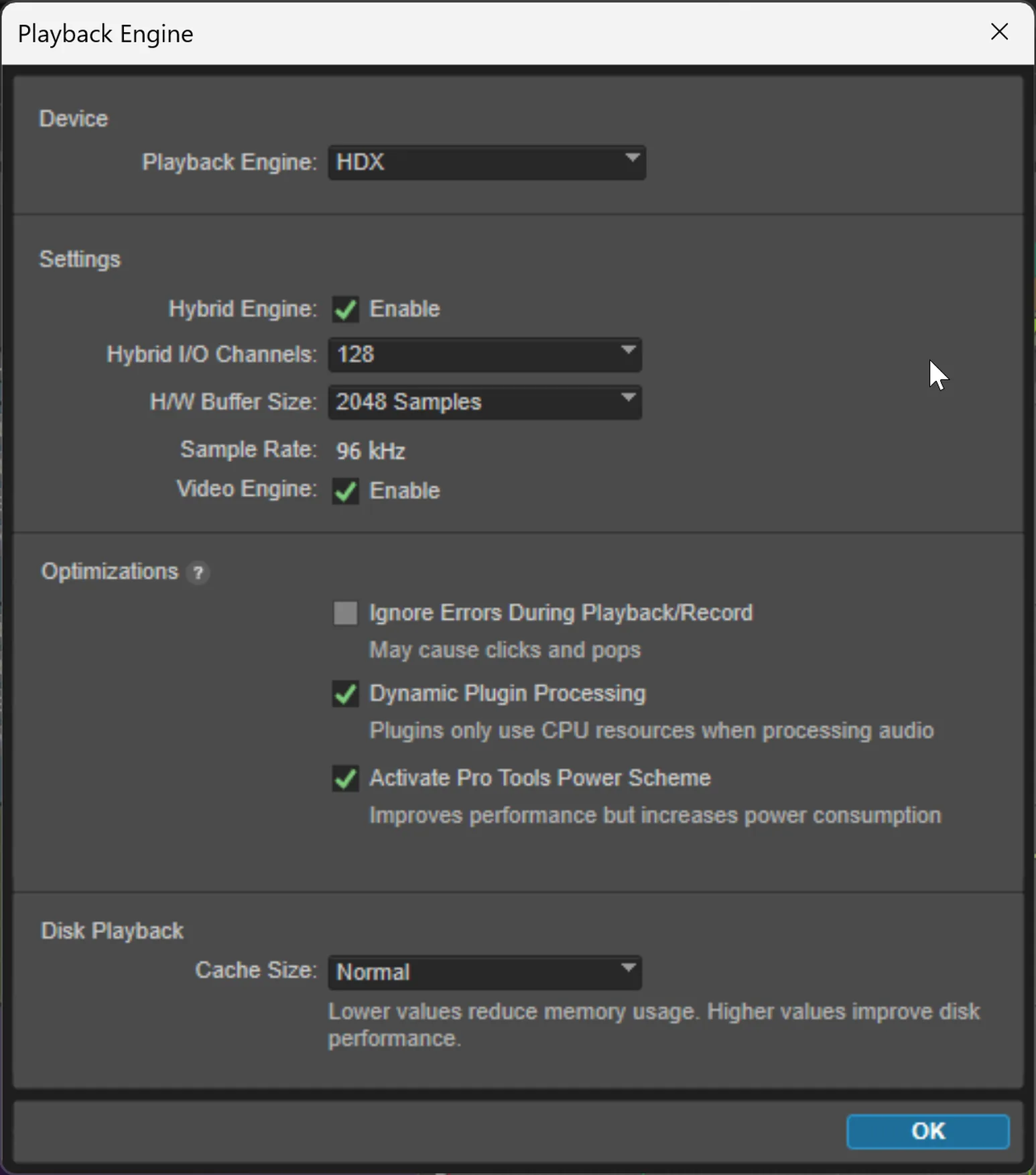 Screenshot of the Pro Tools Playback Engine dialog showing the Hardware Buffer Size dropdown set to 2048 samples alongside CPU and cache settings.