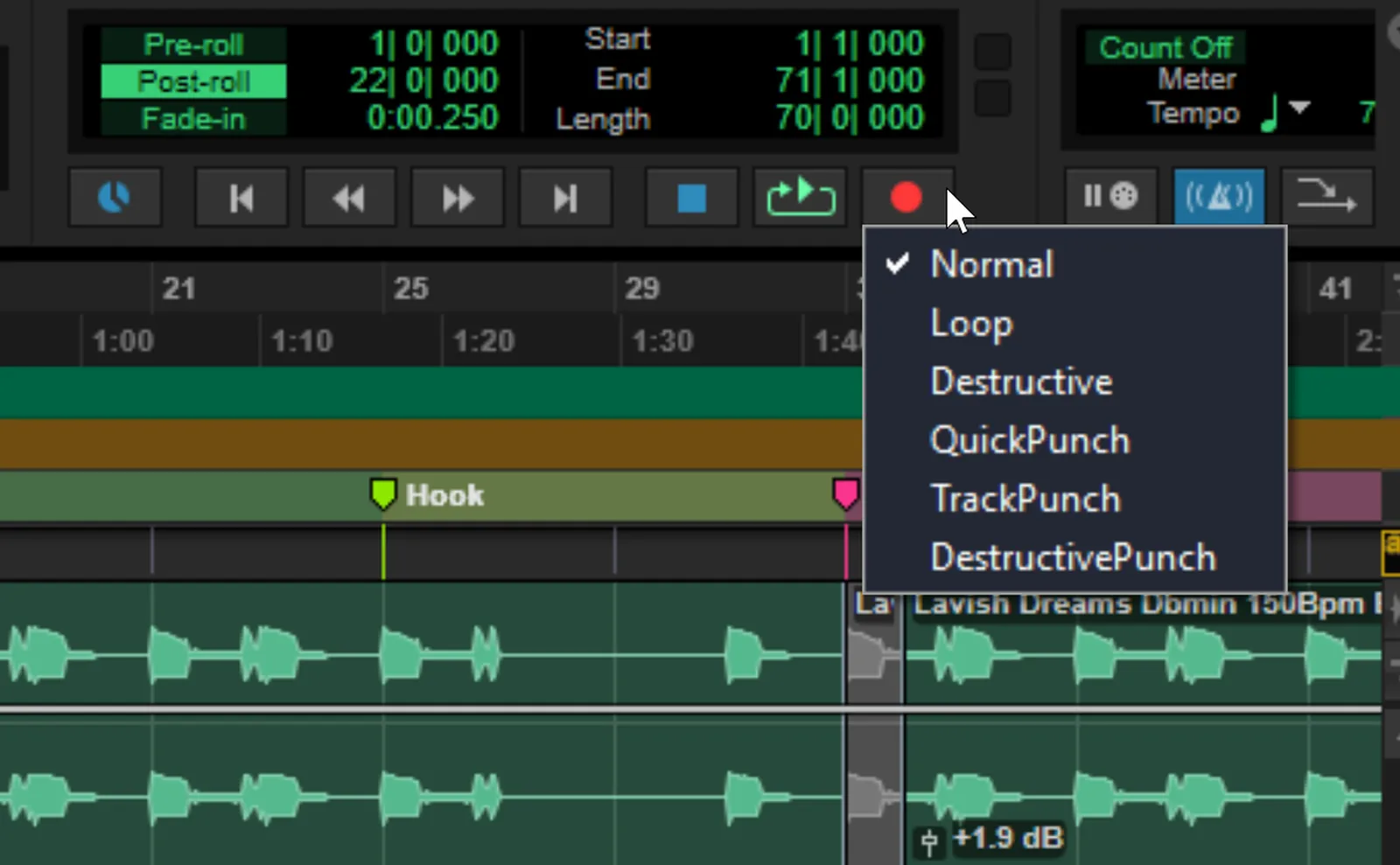 Screenshot of the Pro Tools Transport Record button right-click context menu listing the six record modes: Normal, Loop, Destructive, QuickPunch, TrackPunch, and DestructivePunch.