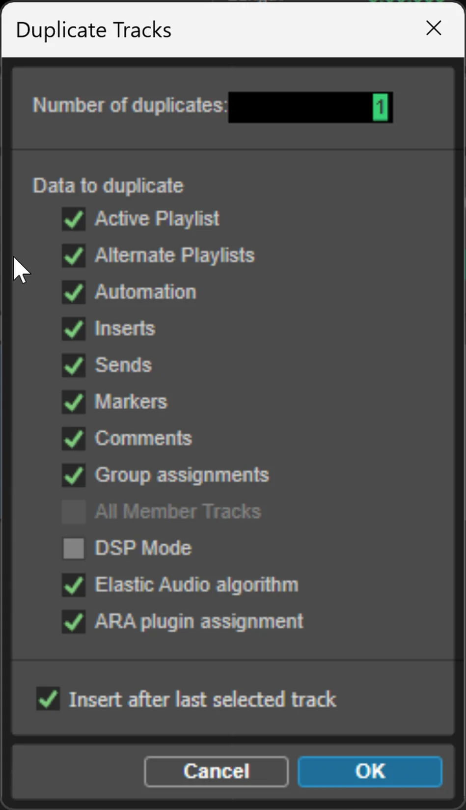 Screenshot of the Pro Tools Duplicate Tracks dialog with options to set the number of duplicates and checkboxes for copying inserts, sends, and routing.