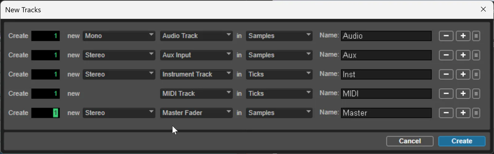 Screenshot of the Pro Tools New Tracks dialog listing multiple track types including Audio, Aux Input, Instrument, MIDI, and Master Fader with format and timebase options.