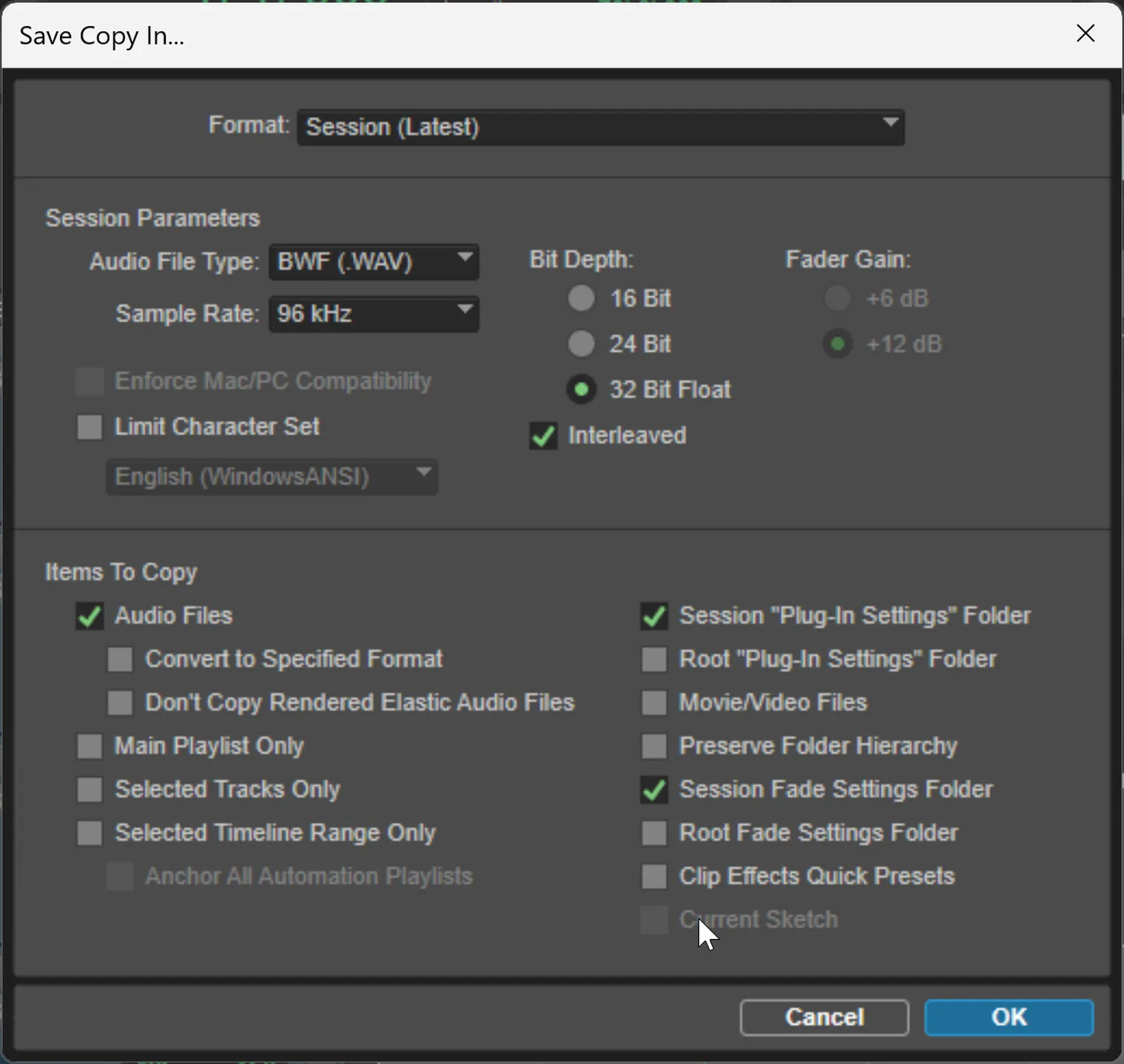 Screenshot of the Pro Tools Save Copy In dialog showing destination folder selection and checkboxes including Include All Audio Files, bit depth, sample rate, and version options.