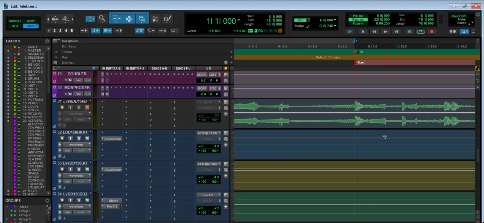 Screenshot of the Pro Tools Edit window timeline with the playhead cursor placed on the first downbeat transient of an imported drum track.