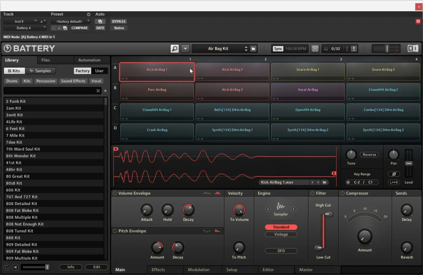 Screenshot of Native Instruments Battery drum sampler plugin, showing a grid of sample pads loaded with drum sounds.