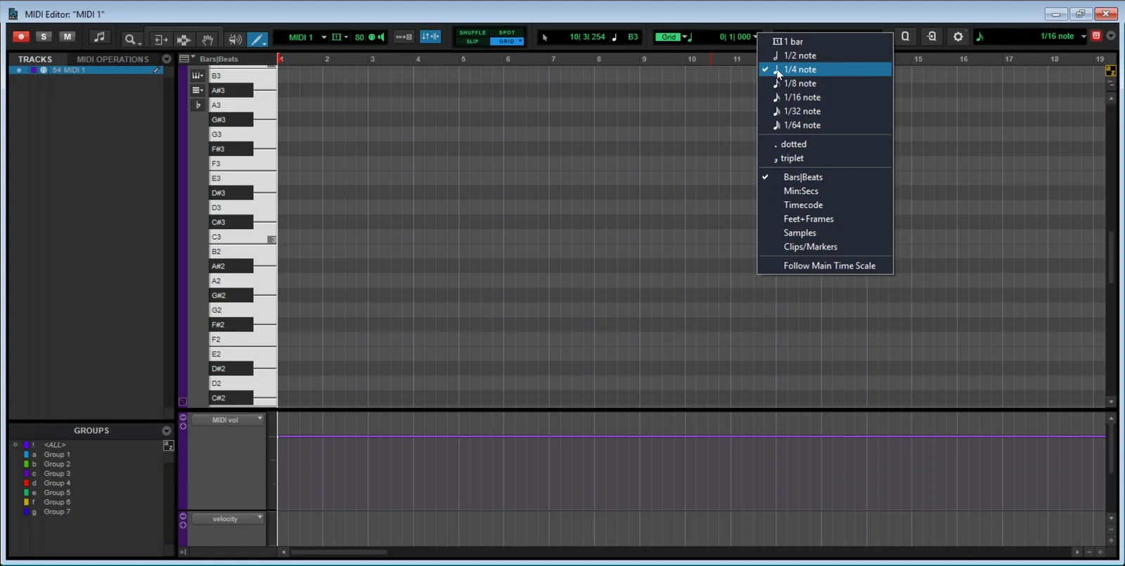 Screenshot of the Pro Tools grid-value selector drop-down used when editing MIDI, showing note duration options.