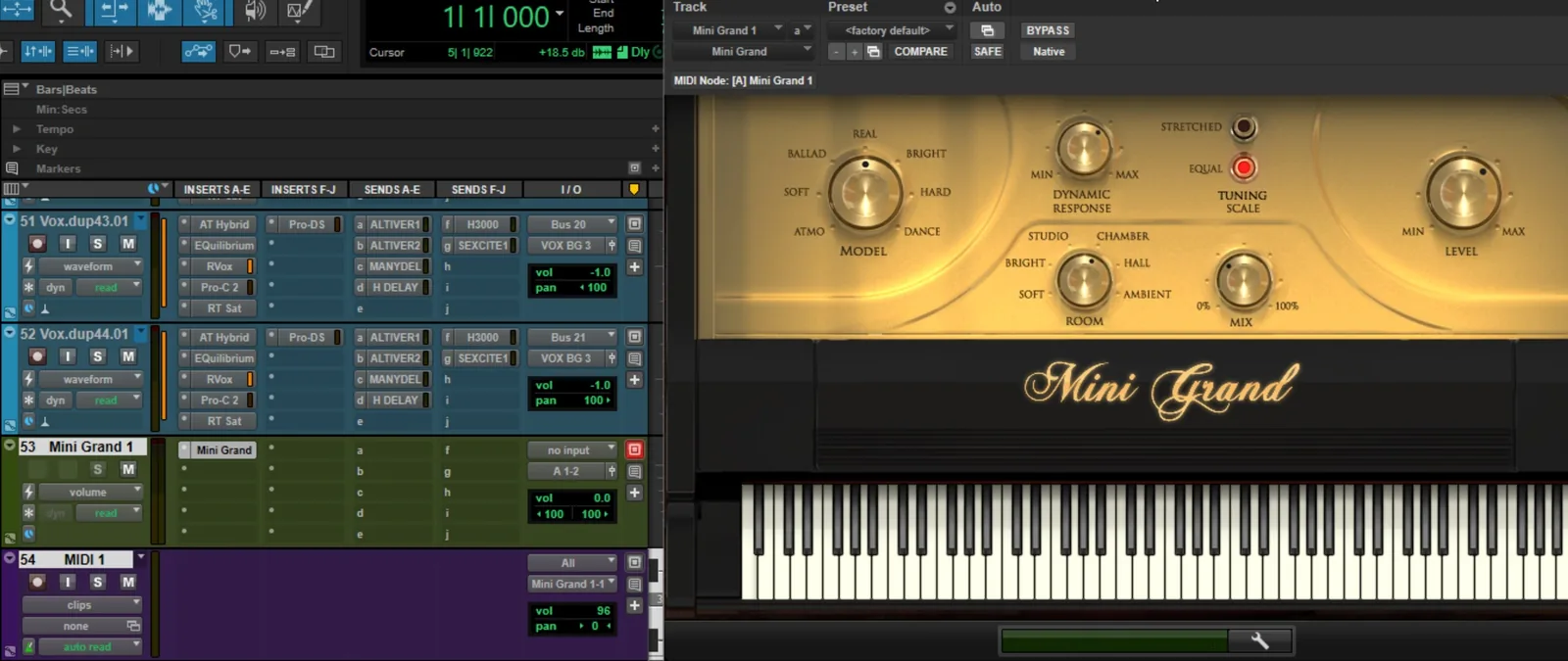 Screenshot of Pro Tools Edit Window showing a MIDI track with its output routed to the Mini Grand plugin hosted on an Aux track.