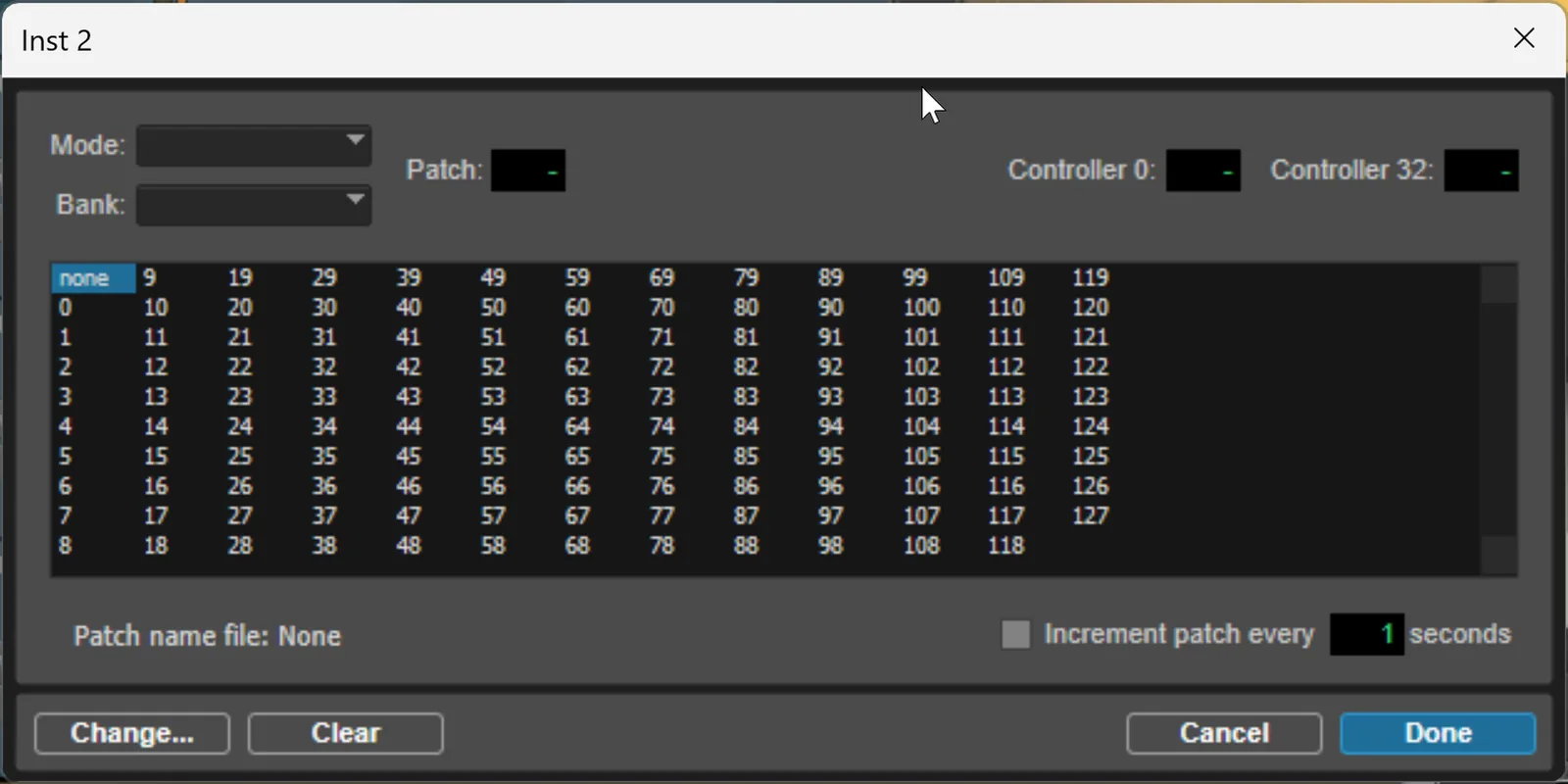 Screenshot of the Pro Tools Patch Select window on a MIDI track, showing bank and patch selection fields and a Patch Name file field.