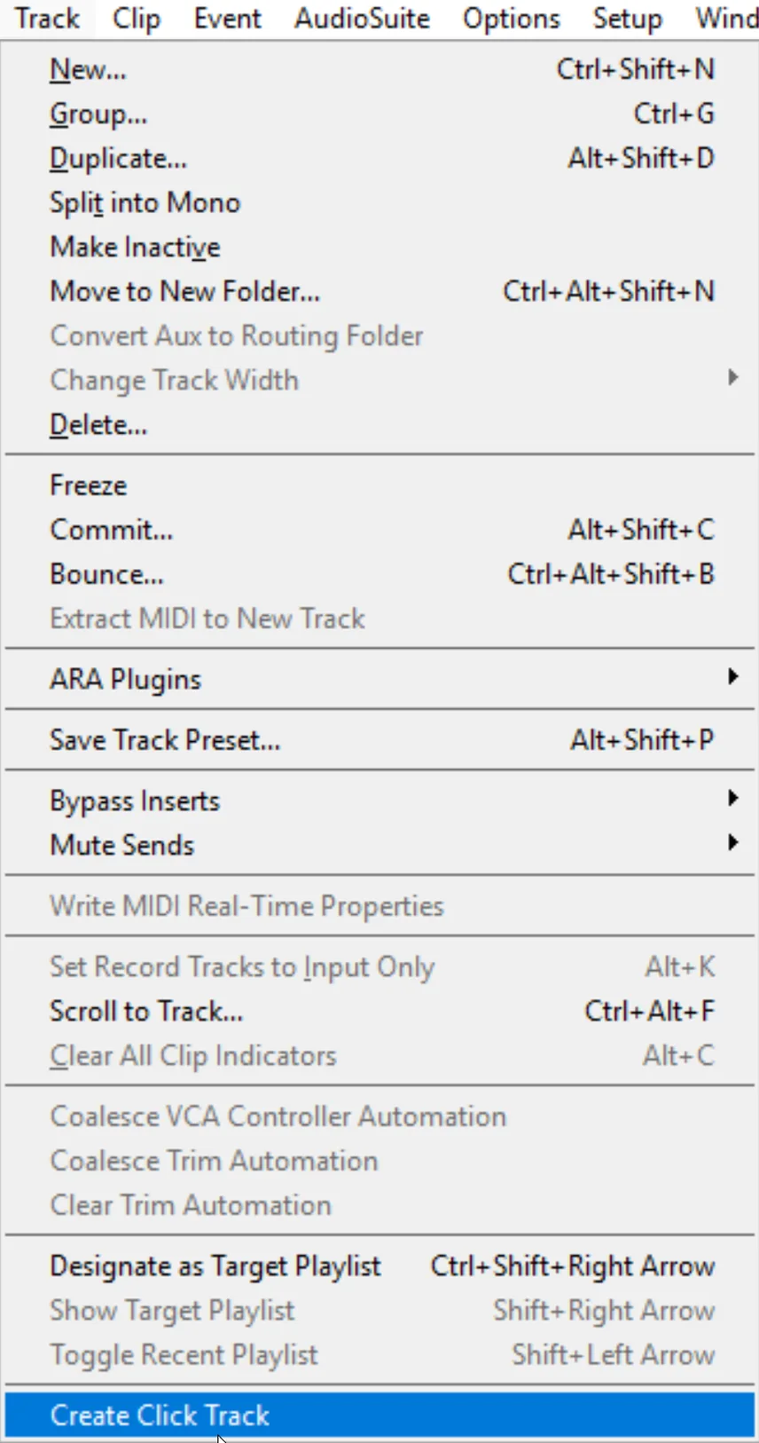 Screenshot of the Pro Tools Track menu with the Create Click Track option highlighted.