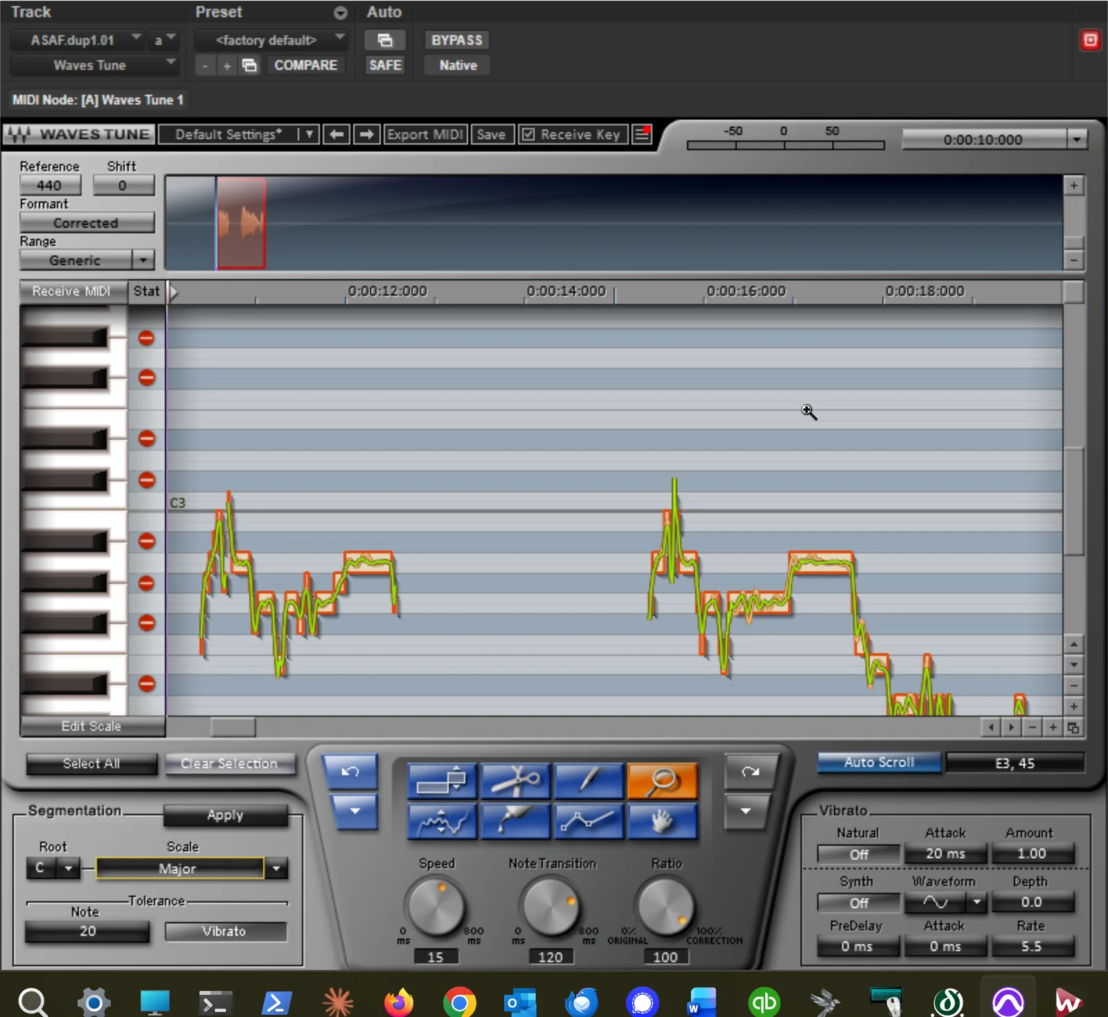 Screenshot of Waves Tune in Graph Mode showing a vocal pitch trace as a red line with editable note blocks representing the corrected pitch targets.
