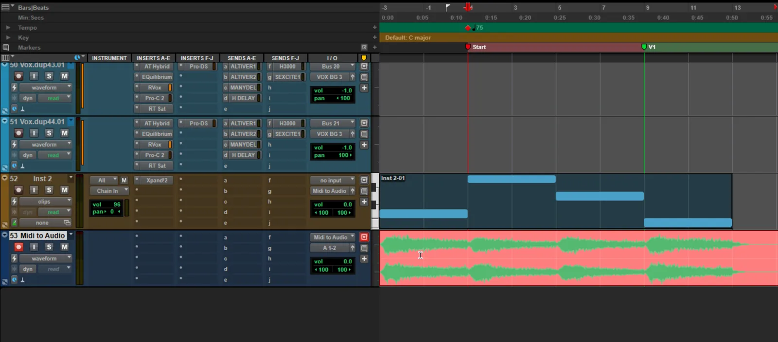 Screenshot of Pro Tools showing a MIDI instrument track routed via a bus to a new audio track for recording, illustrating the manual MIDI-to-audio conversion method.