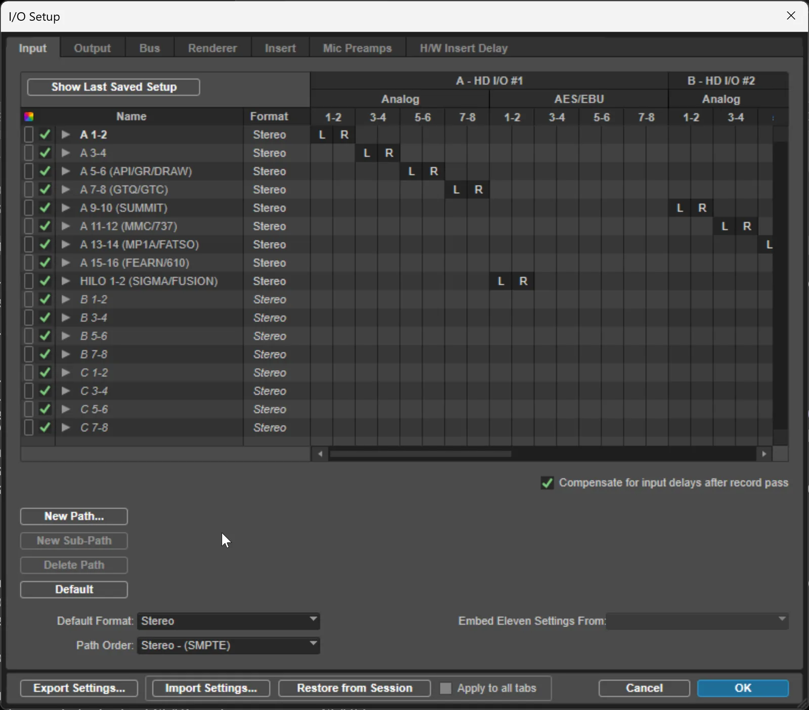 Screenshot of the Pro Tools I/O Setup dialog open to the Insert tab, showing named analog hardware insert paths assigned to interface input and output channels.