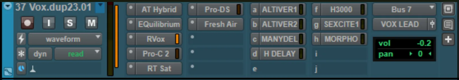Screenshot of a Pro Tools track's insert slots showing seven sequential plugins forming a lead vocal processing chain, from HPF through compressors, EQ, saturation, and de-esser.