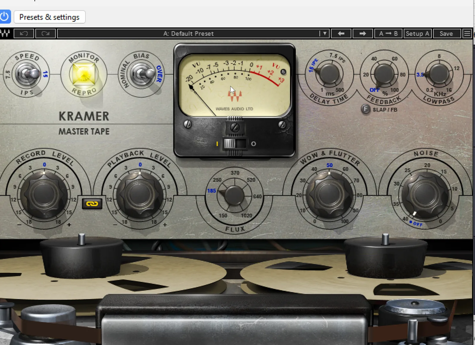 Screenshot of the Waves Kramer Master Tape plugin interface showing tape saturation controls including drive, bias, and speed settings.